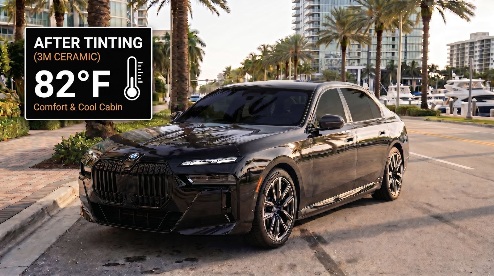 BMW cabin at 82°F after 3M ceramic tinting — heat concept illustration