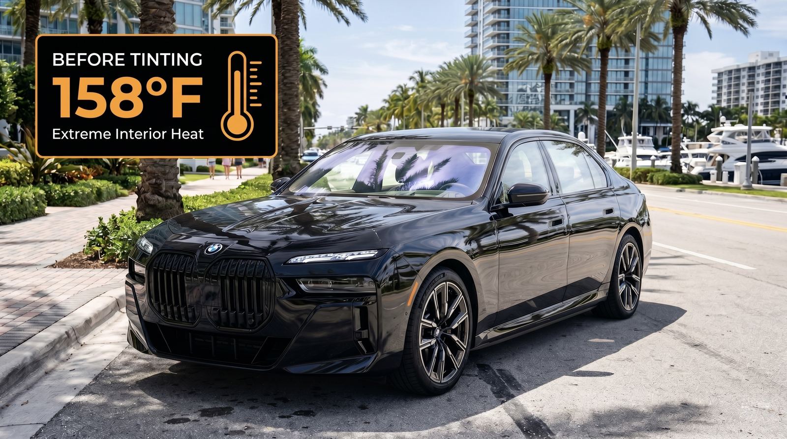 BMW interior at 158°F before tinting — heat concept illustration